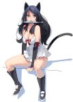  animal_ears bare_shoulders black_gloves black_hair blue_eyes boots breasts cat_ears cat_tail cleavage dress elbow_gloves fish gloves highres long_hair looking_at_viewer masao medium_breasts mouth_hold original sitting tail thighs white_background white_dress 