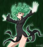  1girl dress flat_chest green_eyes green_hair legs loli one-punch_man short_hair simple_background solo spread_arms stiky_finkaz tatsumaki 