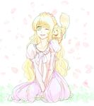  1girl blonde_hair breasts claire_bennett dress flower green_eyes long_hair one_eye_closed open_mouth ribbon tales_of_(series) tales_of_rebirth 