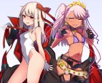  2girls :d armpits asymmetrical_bangs bangs bb_(fate)_(all) bb_(swimsuit_mooncancer)_(fate) bb_(swimsuit_mooncancer)_(fate)_(cosplay) belt bikini black_cloak black_garter_belt black_legwear black_shorts blush bow bracelet breasts chloe_von_einzbern choker claw_pose cloak collared_leotard contrapposto cosplay covered_navel cowboy_shot dark_skin earrings erect_nipples eyebrows_visible_through_hair fate/grand_order fate/kaleid_liner_prisma_illya fate_(series) fingerless_gloves garter_belt gloves gold_trim hair_bow hair_ornament hair_ribbon highleg highleg_bikini highleg_leotard highres illyasviel_von_einzbern jewelry leotard light_blush light_brown_hair long_hair looking_at_viewer loose_belt multiple_girls nail_polish navel necktie one_side_up open_fly open_mouth open_pants orange_eyes pink_hair pose purple_bikini purple_nails red_eyes revealing_clothes ribbon santa_(sunflower) short_shorts shorts sideboob sidelocks simple_background small_breasts smile star star_earrings star_hair_ornament stomach_tattoo studded_belt studded_garter_belt swept_bangs swimsuit tattoo thighhighs thighhighs_under_boots v-shaped_eyebrows white white_belt white_gloves white_leotard wing_collar 