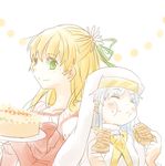  1girl blonde_hair blue_hair blush breasts character_request claire_bennett copyright_request dress eating eyes_closed flower green_eyes hat long_hair pie ribbon smile tales_of_(series) tales_of_rebirth 