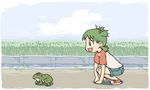  1girl animal animated animated_gif child cloud female frog green_hair happy hopping koiwai_yotsuba outdoors short_hair shorts sky squatting yotsubato! 