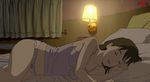  1girl animated animated_gif brown_hair camera cowboy_hat hat long_hair on_bed robot sleeping tabi_no_robo_kara 