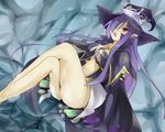  1girl barefoot breasts cape cleavage crown earrings elbow_gloves fatima gloves hair_over_one_eye hat jewelry luminous_arc luminous_arc_2 navel open_mouth pointy_ears purple_eyes purple_hair very_long_hair wet witch_hat 