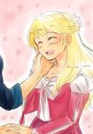  1boy 1girl blonde_hair blush breasts claire_bennett dress eyes_closed flower long_hair open_mouth pink_background ribbon tales_of_(series) tales_of_rebirth veigue_lungberg 
