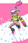  1boy artist_name bottomless cum domino_mask grin headband ink inkling las_(las72) male_focus mask pointy_ears polka_dot_background ponytail shirt smile sneakers solo splatoon super_soaker t-shirt tank tentacle_hair weapon 