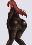  1girl ass blush bodysuit breasts brown_hair female from_behind huge_ass large_breasts latex latex_suit long_hair looking_at_viewer looking_back naughty_face open_mouth original red_eyes sakaura_(layer255) shiny shiny_clothes smile solo 