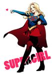  1girl blonde_hair blue_eyes boots cape character_name dc_comics emblem heart kamome_shirahama kryptonian looking_at_viewer pantyhose skirt smile solo supergirl superman_(series) thigh_boots 