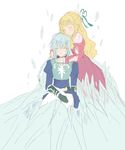  1boy 1girl armor belt blonde_hair blue_hair blush braid breasts claire_bennett dress eyes_closed flower gloves ice long_hair pants ribbon smile tales_of_(series) tales_of_rebirth veigue_lungberg 