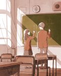  1boy 1girl :d absurdres ai_x_suugaku_x_tanka analog_clock arm_at_side backlighting blazer brown_hair brown_jacket chair chalk chalkboard character_request classroom clock curtains desk eye_contact from_behind glasses hand_up height_difference highres indoors itunohika jacket light long_hair long_sleeves looking_at_another loudspeaker math open_mouth pants pleated_skirt profile school school_desk school_uniform shoes skirt smile standing tareme uwabaki wall_clock wind window wooden_floor writing 