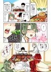  2girls admiral_(kantai_collection) arai_harumaki black_hair blush chopsticks closed_eyes comic drooling food grey_hair hair_ribbon hairband highres japanese_clothes kantai_collection kotatsu long_hair lying military military_uniform multiple_girls panties pantyshot pantyshot_(lying) ribbon short_hair shoukaku_(kantai_collection) silver_hair skirt table translated twintails underwear uniform wasabi white_panties zuikaku_(kantai_collection) 