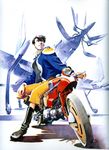  airplane black_hair boots highres honneamise_no_tsubasa motorcycle official_art sadamoto_yoshiyuki shirotsugh_lhadatt sitting solo vehicle 