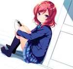  blush digital_media_player feet female ipod love_live!_school_idol_project music nishikino_maki no_shoes ohara_tometa purple_eyes red_hair short_hair smile socks 