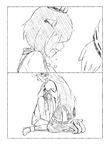  2koma ahoge boots comic crying darkmaya dress greyscale headgear hug kantai_collection kneehighs kongou_(kantai_collection) long_hair monochrome multiple_girls neckerchief nontraditional_miko remodel_(kantai_collection) sailor_dress short_hair teardrop tears thigh_boots thighhighs yukikaze_(kantai_collection) 