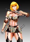  armor bikini bikini_armor black_background black_thighhighs blonde_hair breastplate breasts cleavage cleavage_cutout clementine_(overlord) clenched_teeth criss-cross_halter dagger evil_smile fangs female garter_belt garter_straps gauntlets gradient gradient_background grey_background hair_between_eyes halter_top halterneck head_tilt highres holding holding_weapon large_breasts legs midriff navel neck overlord_(maruyama) pink_eyes revealing_clothes saru_panitumu shiny shiny_skin short_hair smile solo standing swimsuit teeth thighhighs weapon 