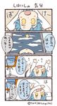  1girl 4koma :d :o arms_up barefoot blue_hair chair comic commentary feet_up labcoat lying night night_sky on_back open_mouth personification ponytail sky smile swivel_chair translated tsukigi twitter twitter-san twitter-san_(character) twitter_username yellow_eyes 