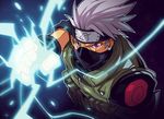  1boy dark_background edwin_huang electricity forehead_protector hatake_kakashi male_focus naruto scar silver_hair spiked_hair upper_body 