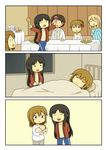  akiyama_mio alcohol baby black_hair chicken_(food) comic cup drinking_glass flower food hair_flower hair_ornament hairclip hirasawa_yui k-on! kotobuki_tsumugi long_hair shiitake_nabe_tsukami smile sweat tainaka_ritsu wine wine_glass 