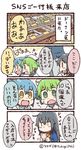  1boy 3girls 4koma :d ahoge bad_id bad_twitter_id black_hair blue_hair cellphone comic commentary_request doughnut facebook facebook-san food green_eyes green_hair line_(naver) multiple_girls open_mouth personification phone ponytail short_twintails smartphone smile sweatdrop translation_request tsukigi twintails twitter twitter-san twitter_username yellow_eyes 