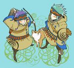  2boys animal arrow artist_request bow_(weapon) dog green_hair headband jomon_period multiple_boys purple_hair weapon 