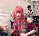  animated_gif drums electric_guitar guitar instrument japanese microphone photo pink_hair plaid 