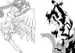  1girl amano_nene angel_wings barefoot breasts censored convenient_censoring darkness digimon digimon_xros_wars dual_persona female flying gamonkoubou long_hair looking_at_viewer luminamon monochrome nipples nude official_art shademon shademon(nene) small_breasts smile wings 