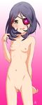  blush breasts brown_eyes cowboy_shot embarrassed eyepatch fang female gradient gradient_background hayasaka_mirei idolmaster idolmaster_cinderella_girls multicolored_hair navel nipples nude open_mouth pink_background pubic_hair purple_hair pussy red_hair signature small_breasts solo streaked_hair uncensored vzmk2 