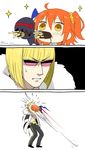  2boys ahoge armor berserker_(fate/zero) blonde_hair comic fate/grand_order fate/zero fate_(series) food fujimaru_ritsuka_(female) fur_trim hair_ornament hair_scrunchie kaikodou_kana meme multiple_boys open_mouth orange_hair orange_scrunchie pocky sakata_kintoki_(fate/grand_order) scrunchie short_hair side_ponytail sparkle sunglasses yellow_eyes 