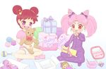  2girls bishoujo_senshi_sailor_moon blush chibi_usa crossover diaper drill_hair harukaze_doremi multiple_girls ojamajo_doremi open_mouth pacifier pajamas pink_hair pink_socks present purple_eyes red_eyes red_hair smile socks teddy_bear twintails 