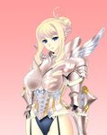  1girl armor bertille_althusser blonde_hair blue_eyes breasts female knight large_breasts long_hair saru_panitumu simple_background solo walkure_romanze 