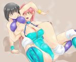  2girls black_hair blue_eyes blush bob_cut boots breasts cleavage cleavage_cutout knee_pads leotard lips long_hair mighty_yukiko minami_toshimi multiple_girls open_mouth pink_hair purple_eyes short_hair simple_background spread_legs sweat tomjpn wrestle_angels wrestle_angels_survivor wrestling wrestling_outfit wristband 