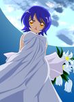  blue_hair bouquet dress dutch_angle flower gradient gradient_background looking_at_viewer night open_mouth original outdoors short_hair simple_background solo tan_(knock_up) yellow_eyes 