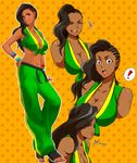  1girl asymmetrical_hair black_hair breasts cleavage cornrows dark_skin frogcage front-tie_top laura_matsuda midriff navel smile street_fighter street_fighter_v surprise toeless_legwear toes 