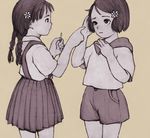  2girls bangs black_eyes black_hair braid child flower hair_flower hair_ornament monochrome multiple_girls muted_color original ryonma sailor_collar shorts simple_background skirt swept_bangs tagme tan_background twin_braids 