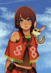  1girl amy_(suisei_no_gargantia) animal bare_shoulders belt blue_eyes braid brown_eyes brown_hair cloud hair_bobbles hair_ornament long_hair looking_at_viewer midriff parted_lips ryonma sky solo standing suisei_no_gargantia tagme twin_braids upper_body 