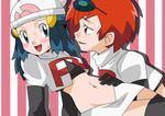  2girls blue_eyes blue_hair blush hainchu hikari_(pokemon) multiple_girls navel nintendo nozomi_(pokemon) pokemon red_eyes red_hair sweat team_rocket_(cosplay) yuri 