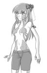  1girl artist_request breasts genderswap hitoshura long_hair monochrome shin_megami_tensei shorts simple_background solo standing tattoo topless 