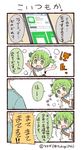  1girl 4koma :d \o/ arms_up bad_id bad_twitter_id bag cellphone check_translation comic commentary green_eyes green_hair hat jpeg_artifacts line_(naver) messenger_bag notice_lines open_mouth outstretched_arms partially_translated personification phone sailor_hat shoulder_bag smartphone smile sweat translation_request tsukigi twintails twitter-san twitter_username 
