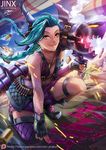  1girl blue_hair boots braid gloves jinx_(league_of_legends) league_of_legends long_hair pink_eyes tattoo thighhighs twin_braids weapon weapons zen 