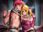 1boy 1girl abs blonde_hair fairy_tail lucy_heartfilia midriff natsu_dragneel navel pink_hair sakimichan scarf shared_scarf sitting spiked_hair stomach vest window 