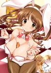  1girl animal_ears bare_shoulders between_breasts blush breasts brown_hair bunny_ears cleavage curvy drill_hair erect_nipples female idolmaster idolmaster_cinderella_girls large_breast large_breasts long_hair looking_at_viewer pantyhose smile solo thick_thighs totoki_airi wide_hips yellow_eyes 