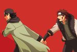  2boys aburame_shino black_hair brown_eyes brown_hair coat facepaint facial_mark fingerless_gloves glasses gloves headband inuzuka_kiba jacket male_focus multiple_boys naruto simple_background torori 