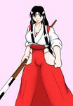  1girl black_hair breasts cleavage haruta_hiko headband large_breasts long_hair miko spear weapon 