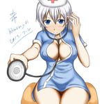  between_breasts blue_eyes blush breasts fairy_tail large_breasts lisanna_strauss nurse short_hair smile thighs white_hair 