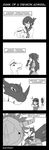  4koma :d agumon bow carrying character_name comic commentary crossed_legs crossover digimon digimon_adventure elbow_gloves english english_commentary folded_ponytail gloves greymon greyscale haguro_(kantai_collection) hair_bow hair_ornament hair_ribbon hat headgear highres inazuma_(kantai_collection) jintsuu_(kantai_collection) kantai_collection koromon long_hair metalgreymon monochrome multiple_girls mutsu_(kantai_collection) non-human_admiral_(kantai_collection) open_mouth peaked_cap pleated_skirt ribbon rukotaro school_uniform serafuku short_hair sitting skirt smile surprised 