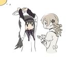  akemi_homura black_hair black_hairband blank_stare blonde_hair cheesecake comic drill_hair expressionless food food_on_face hair_ornament hairband jitome long_hair magical_girl mahou_shoujo_madoka_magica multiple_girls oda_takayuki plate simple_background throwing time_stop tomoe_mami twin_drills white_background 