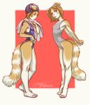  anthro clothed clothing duo felid feline female flat_chested levelviolet looking_at_viewer mammal one-piece_swimsuit smile standing swimsuit towel wide_hips 