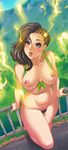  1girl asymmetrical_hair black_hair bottomless breasts cornrows electricity exhibitionism front-tie_top karasuh laura_matsuda nipples outside pubic_hair street_fighter street_fighter_v 