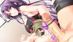  1boy 1girl anal atelier_kaguya bdsm bondage bound breasts censored choco_chip chu_x_pet cleavage dress erect femdom game_cg large_breasts legs_crossed long_hair looking_at_viewer penetration penis penis_vibrator purple_hair sitting smile spread_legs vibrator yellow_eyes 