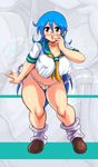  1girl blue_hair blush cameltoe fat final_fuck fundoshi glasses loafers long_hair looking_at_viewer loose_socks milk milk_(nonki) nonki open_mouth plump red_eyes serafuku shoes socks solo thick_thighs wide_hips zoom_layer 